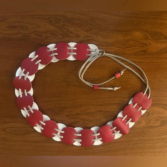 Vintage Handmade Leather Circle Belt – Red & White Boho Western Tie Belt | 70s - Picture 1 of 5